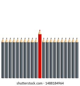 Gray pencils in a row on a white background, red pencil above ,idea of leadership and success, vector illustration