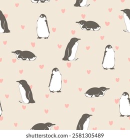 gray penguins on beige repetitive background with hearts. vector seamless pattern. animal illustration. fabric swatch. wrapping paper. continuous design template for greeting card, textile, linen