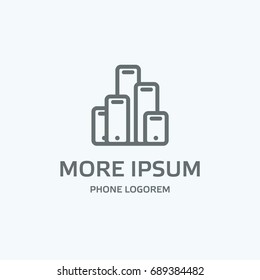 Gray phone logo template. Line phones look like the outlines of a city. Isolated vector icon with text for mobile on a white background.