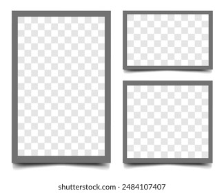 Plantilla de marco de fotos gris con ilustración de marco transparente en el interior. Marcos de fotos cuadrados con diferentes tamaños