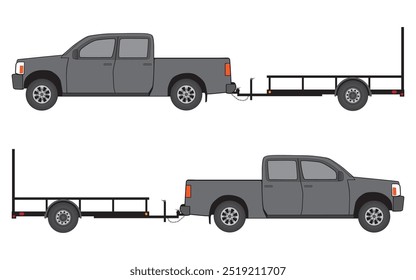 A gray pickup has a utility trailer attached and ready to haul a load