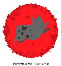 Gray pig in red round frame of leaves, flowers, hearts. Symbol of chinese new year 2019.