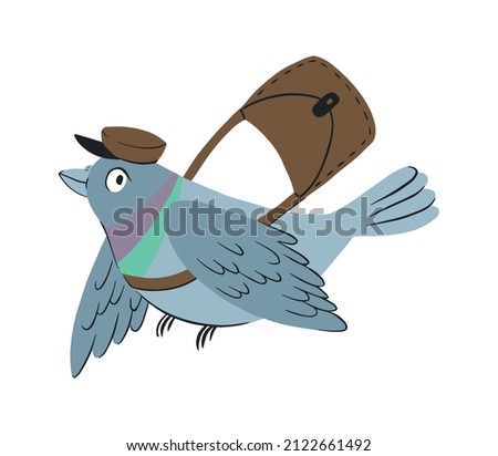 Gray pigeon postman flies with a bag. The bird delivers letters. Pigeon mail. Vector hand drawn illustration.