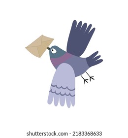 Gray pigeon postman flies with a mail. The bird delivers letters. Pigeon post. Vector hand drawn illustration.