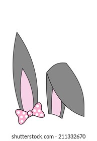 Gray and pink color bunny ears with dotted bow. vector art image illustration, isolated on white background