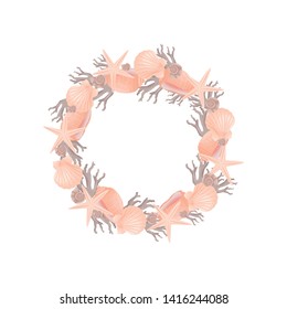 Gray with a pink decorative wreath of a marine theme. Vector illustration.