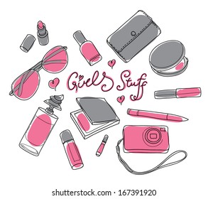 Gray and pink girl stuff - Lipstick, Sunglasses, Camera, Purse, Perfume, Powder, Pencil, Lip gloss, Nail polish, Blush. Set in vector