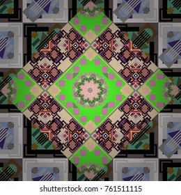 Gray, pink and green background. Abstract geometric pattern. Colorful texture. Geometric background with rhombus, dots and nodes. Seamless geometric pattern. Vector seamless pattern.