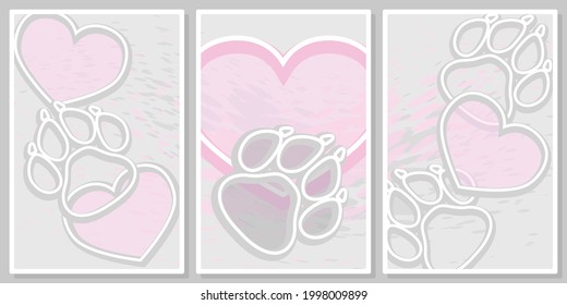 corazones y patas grises y rosas con efecto 3d - conjunto de vectores de arte mural, para arte mural, afiche, papel tapiz, imprimir
