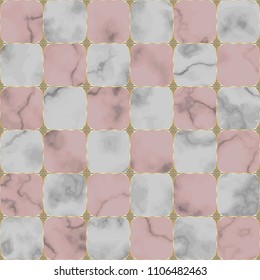 Gray and pink marble seamless pattern with abstract geometric golden elements. Repeat chessboard background. Asian luxury backdrop, chinese wallpaper, black and gold textile print, interior tile.