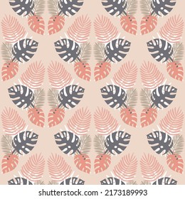 Gray pink monstera leaf, tropical seamless pattern with palm leaves and jungle plant for background
