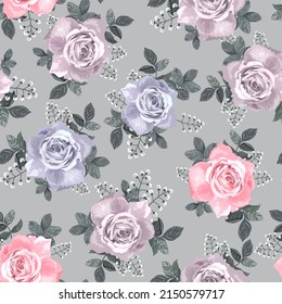 Gray, pink roses on grey background. Vector seamless pattern of flowers. Summer, spring print for textile.