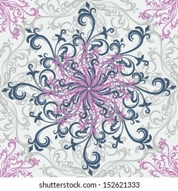 Gray and pink swirly floral rosettes seamless pattern.
