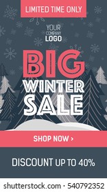 Gray and pink web banner big winter sale with trees, plate special offer and shop now