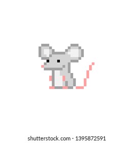 Gray pixel art sitting rat character isolated on white background. Domesitc animal icon. Cute 8 bit logo. Retro vintage 80s; 90s slot machine/video game graphics. Pet mouse. Chinese zodiac symbol.