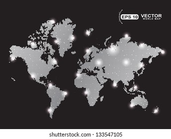 Gray pixel world map with spot lights effect isolated on black background 