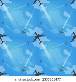 Gray planes in the blue daytime sky with white clouds. Seamless pattern, vector illustration, print, background