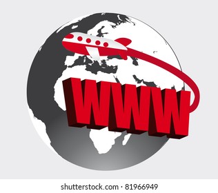 gray planet, red airplane and www text over gray background