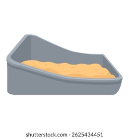 Caja de arena de plástico gris que se llena de arena para que un gato lo use como inodoro