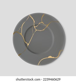 Gray plate with gold kintsugi. Crack and broken effects. Restoration of broken ceramic. Marble texture. Modern vector illustration. Japanese art of repair. Home decoration element.