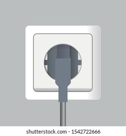 Gray plug inserted in a wall socket on backdrop of wall. The plug is plugged into the power lines with electric cord. Icon of connecting electrical appliances.Vector illustration EPS 10.