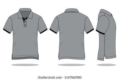 Gray polo shirt with black placket and cuff jumper, Long in back short in front design on white background.Front, back and side view.