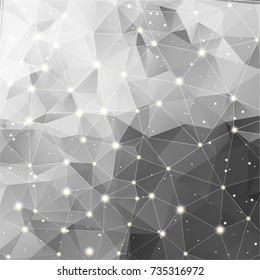 Gray polygonal background with triangles and glow. Abstract monochrome vector background with stars, lines, lights. Geometrical shapes
