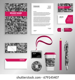 Gray polygonal Corporate identity template set. Business stationery mock-up with logo. Branding design. Geometric background.