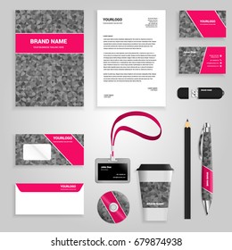 Gray polygonal with red shapes Corporate identity template set. Business stationery mock-up with logo. Branding design. Geometric background.