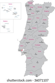 Gray Portugal map with regions and main cities