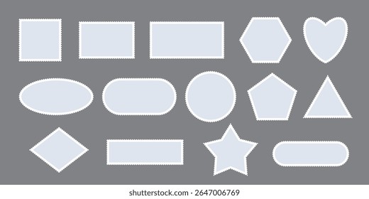 Gray postage stamps set. Blank post stamps in various shapes including rectangle, square, circle, oval, triangle, heart, diamond, hexagon, pentagon. Vector illustration isolated on grey.