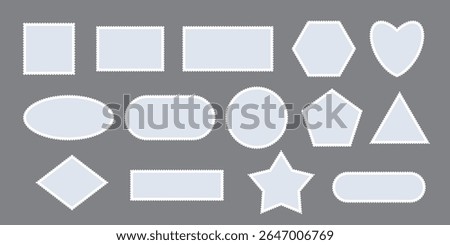 Gray postage stamps set. Blank post stamps in various shapes including rectangle, square, circle, oval, triangle, heart, diamond, hexagon, pentagon. Vector illustration isolated on grey.