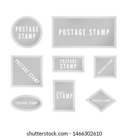 Gray postal stamp template collection with shadow. Retro blank postage stamp with perforated border. Vector illustration isolated on white background