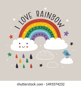 gray poster with colorful rainbow,cloud and bird - vector illustration, eps    
