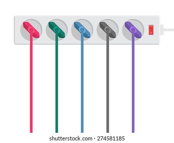 Gray power strip and multicolored cables with plugs. A stylized drawing