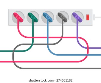 Gray power strip and multicolored tangled cables with plugs. Time to bring order. A stylized drawing