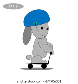 Gray rabbit in blue helmet playing scooter vector illustration