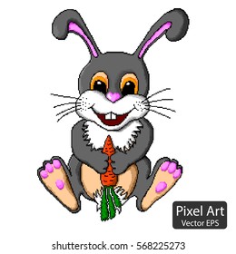 Gray rabbit with the carrot. This is a vector character in the style of Pixel Art.