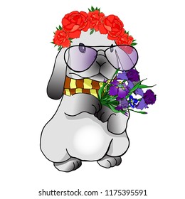 Gray rabbit in glasses, with a wreath of peonies and a bouquet of irises