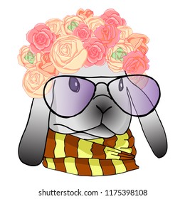 Gray rabbit with glasses, with a wreath of roses