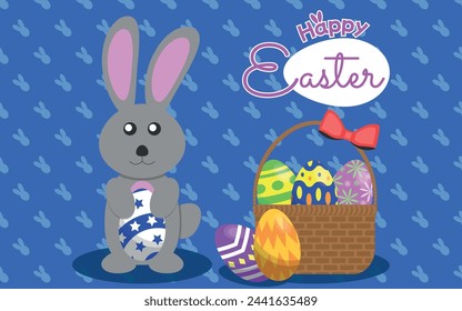 Conejo gris sosteniendo un huevo de Pascua Ilustración plana con la cesta de los huevos de Pascua y Feliz Pascua Logo Mensaje