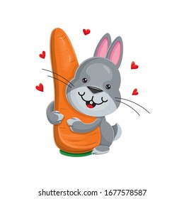 A gray rabbit hugs a sweet, healthy, huge carrot. Love rabbit food. Cartoon character. Vector illustration.