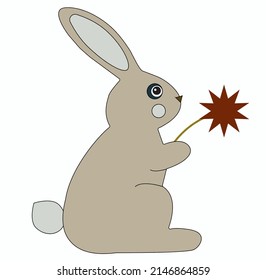 Gray rabbit with red flower .Children illustration