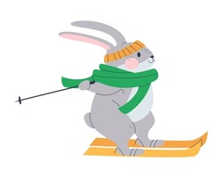 A Gray Rabbit In A Red Scarf Is Skiing. Cute Hare Character Doing Winter Active Sports. Flat Vector Illustration, Eps10