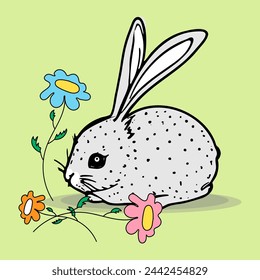 A gray rabbit sits in a clearing, next to three bright flowers, beautiful, vector illustration, Easter bunny, drawing, print on fabric, print on paper