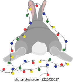 The gray rabbit sits with New Year light bulbs. Vector. Christmas print illustration for packaging design, clothing, brochures and covers, cards and invitations, promotional flyers and other design.