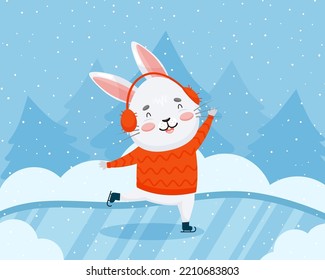 Un conejo gris patina en invierno contra el telón de fondo de la nieve y los abetos. Feliz conejito con orejas de piel en hielo. Fondo infantil vectorial con paisaje invernal