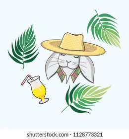 A gray rabbit in a straw hat. Leaves of a tropical plant. Cocktail. Flat illustration for design.