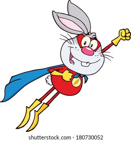 Gray Rabbit Superhero Cartoon Character Flying. Vector Illustration Isolated on white