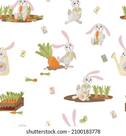 Gray rabbits. Carrot and rabbit pattern. Cute childish print of vegetables and animals. Vector illustration.